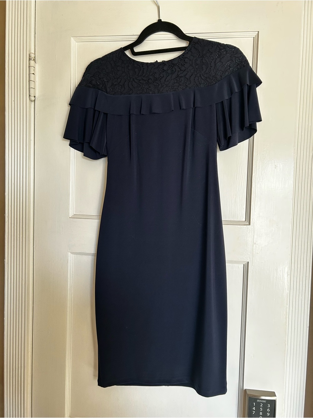 Lauren Ralph Lauren Navy Blue Lace Yoke Ruffle Sleeve Sheath Dress 2P Petite